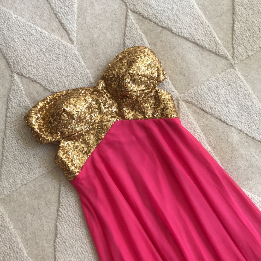 Blondie Nites Gold Sequin & Hot Pink Strapless Maxi Dress